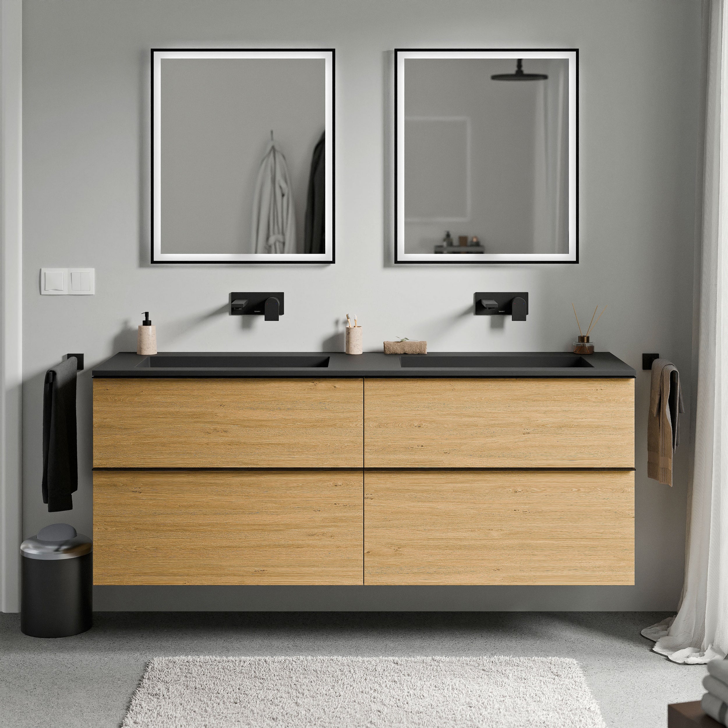 Unterschrank LAVOA 160 cm Eiche Honiggold Schwarz matt ohne Hahnloch