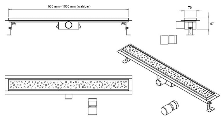 Caniveau de douche en acier inoxydable GT01 - pour les douches de plain-pied - longueur au choix