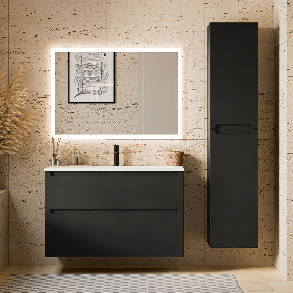 Badmöbel Set VIREO 100 cm mit Waschbecken Schwarz matt Eckig