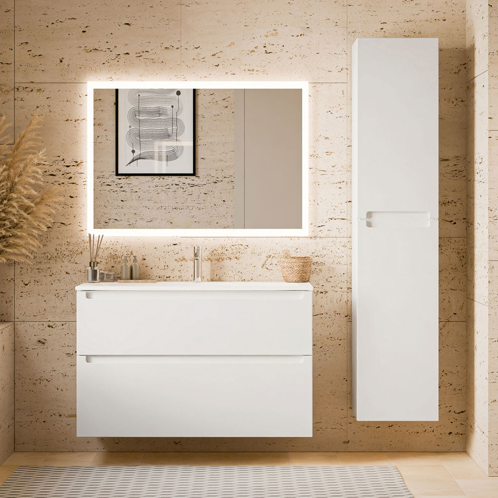 Badmöbel Set VIREO 100 cm mit Waschbecken Weiß matt Eckig
