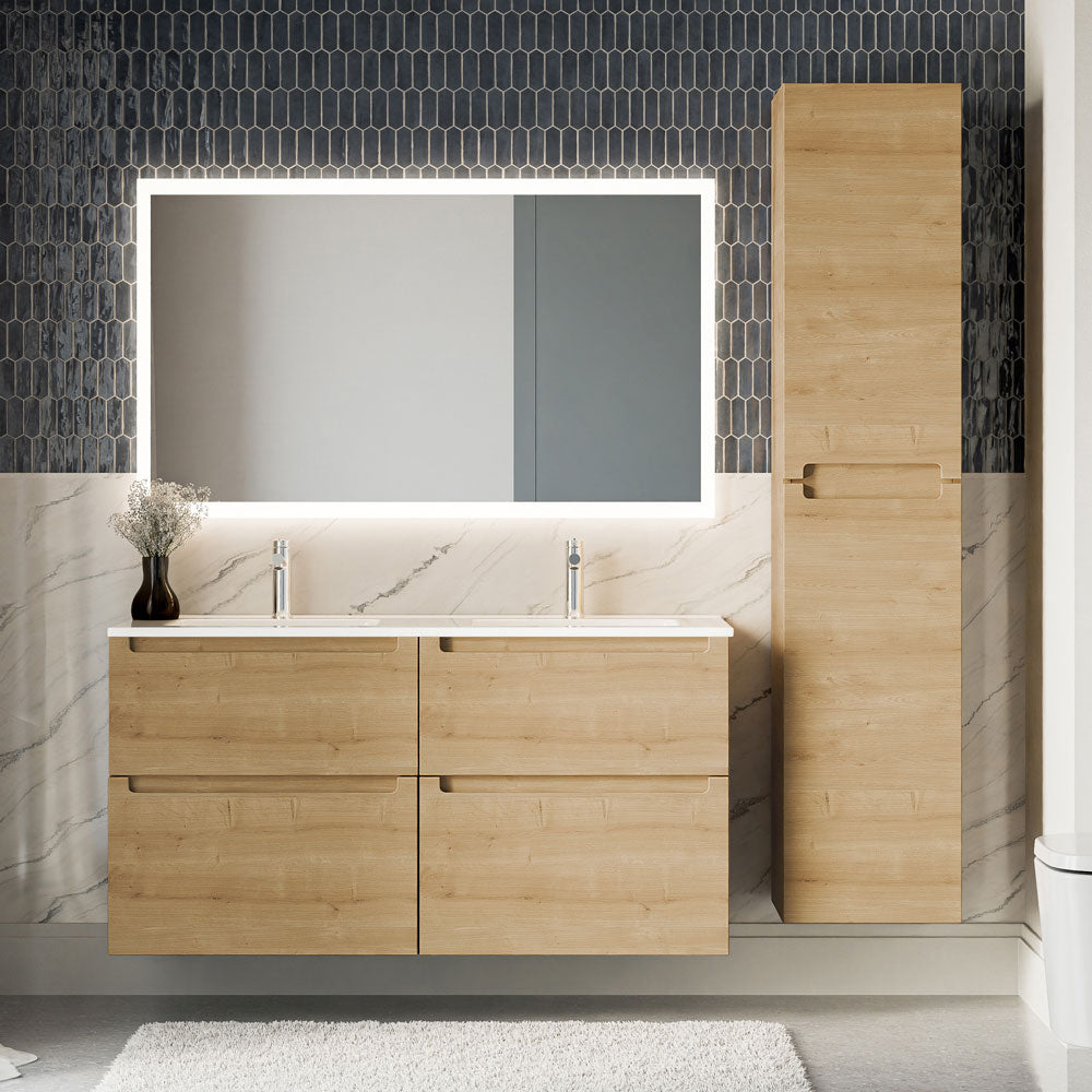 Badmöbel Set VIREO 120 cm mit Doppelwaschbecken Eiche honiggold Eckig