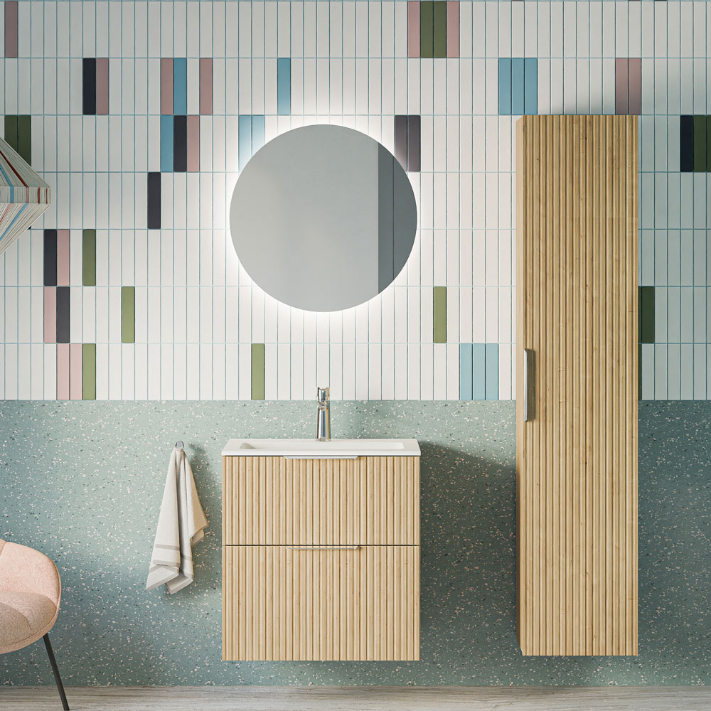 Badmöbel Set TIM 60 cm mit Waschbecken Eiche Nebelgrau profiliert Rund