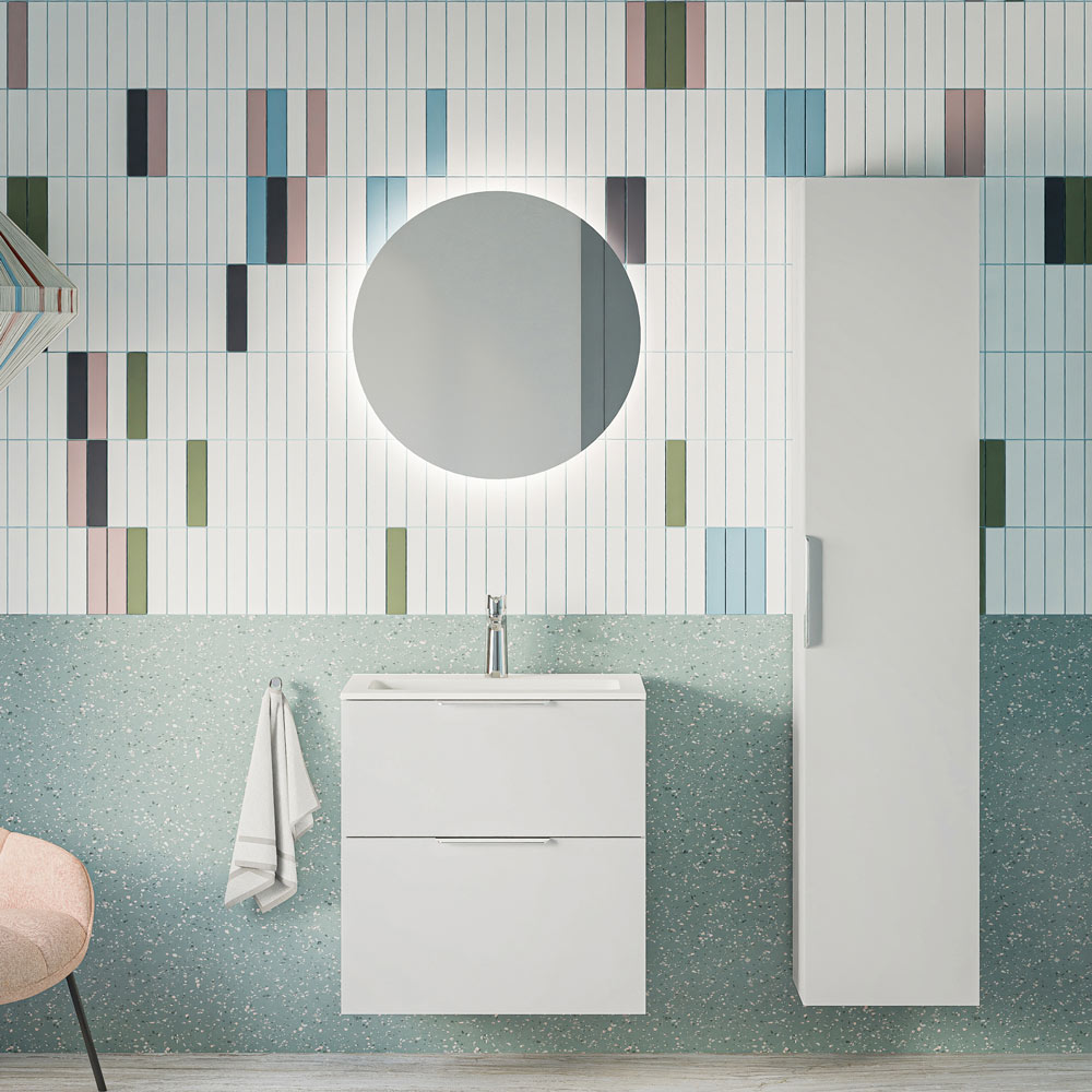 Badmöbel Set TIM 60 cm mit Waschbecken Weiß glänzend Rund