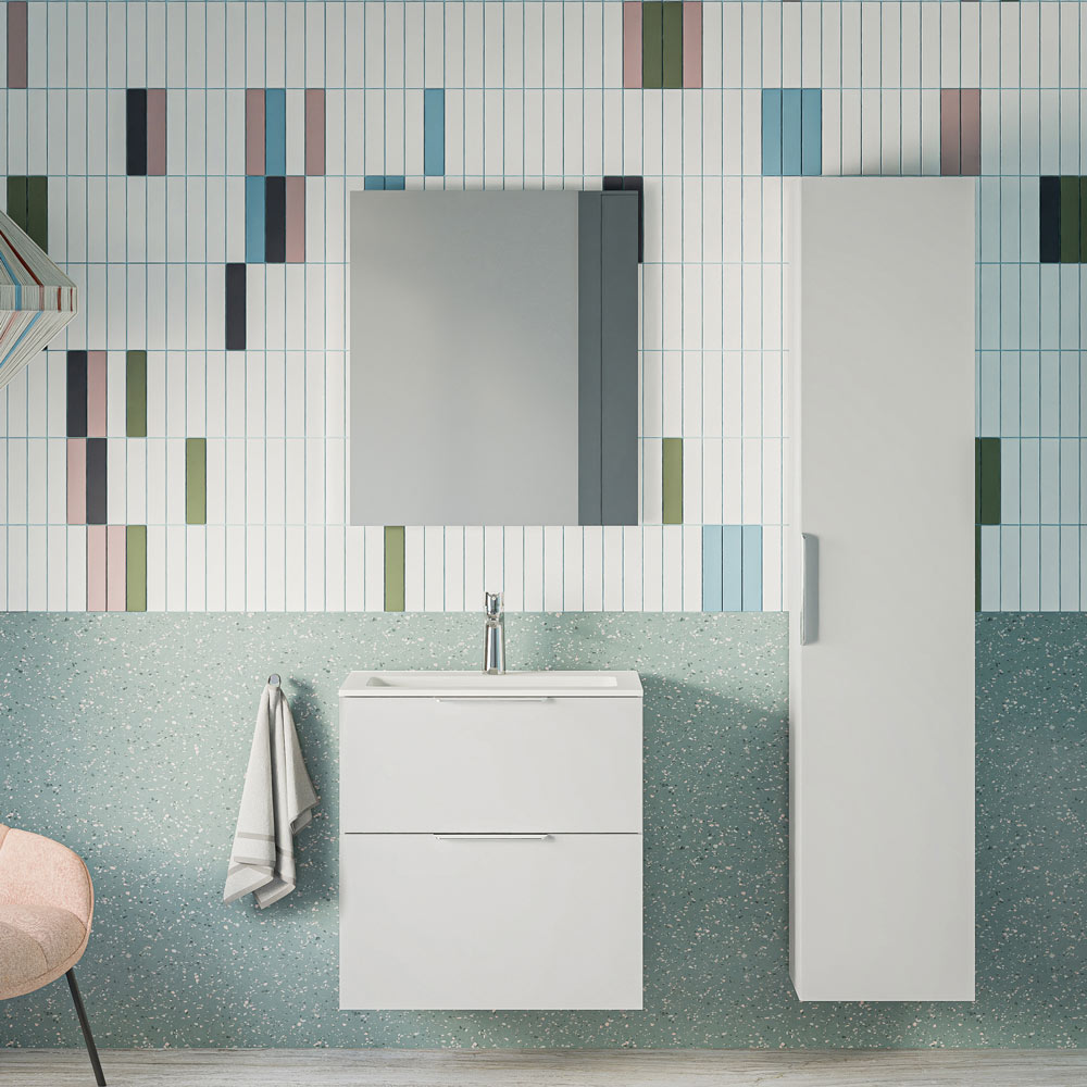 Badmöbel Set TIM 60 cm mit Waschbecken Weiß glänzend Eckig