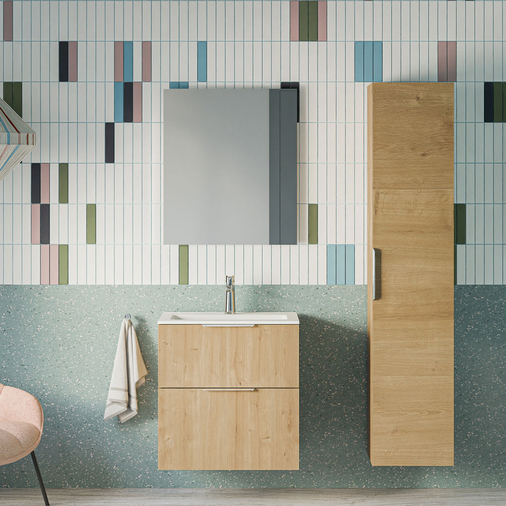 Badmöbel Set TIM 60 cm mit Waschbecken Eiche nebelgrau Eckig