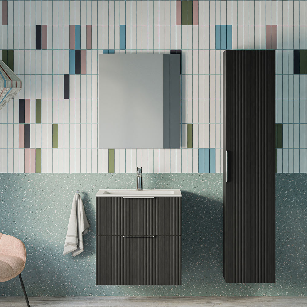 Badmöbel Set TIM 60 cm mit Waschbecken Schwarz matt profiliert Eckig