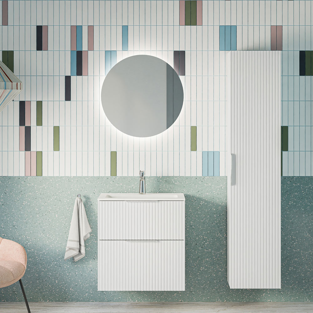 Badmöbel Set TIM 60 cm mit Waschbecken Weiß matt profiliert Rund