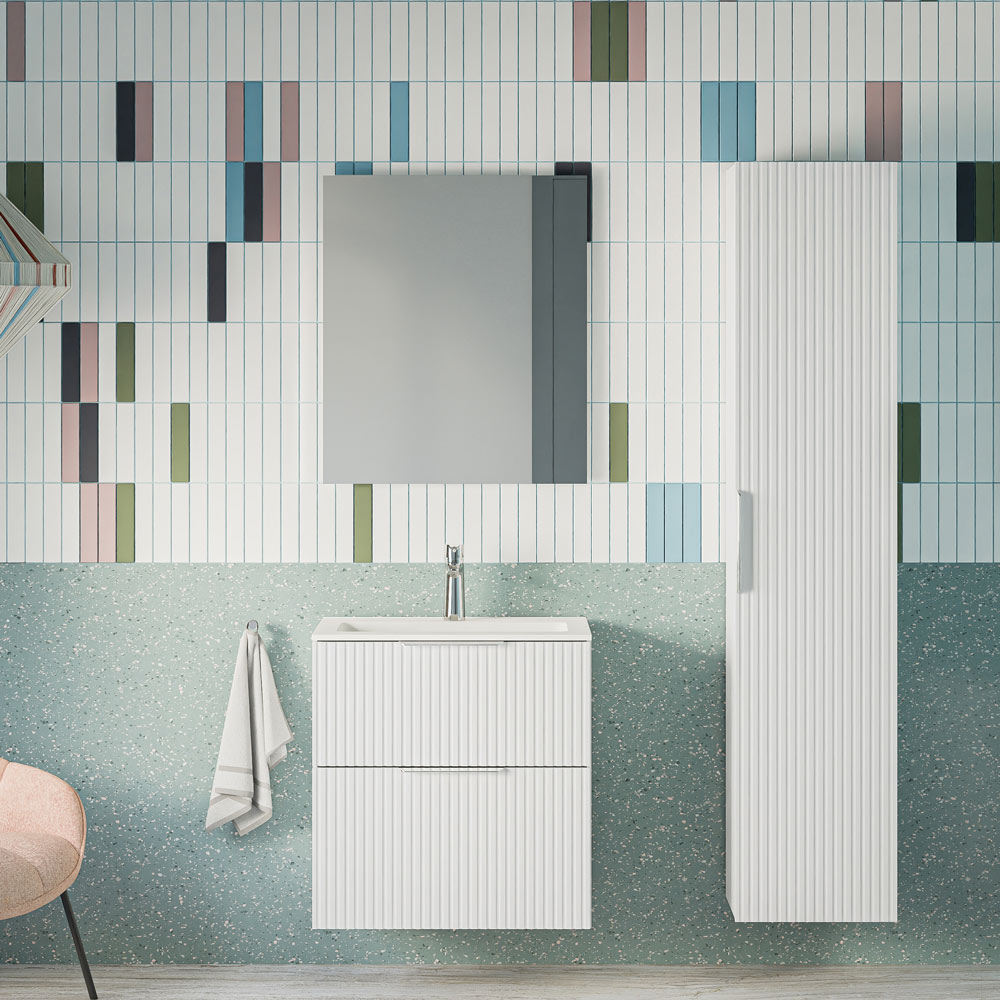 Badmöbel Set TIM 60 cm mit Waschbecken Weiß matt profiliert Eckig