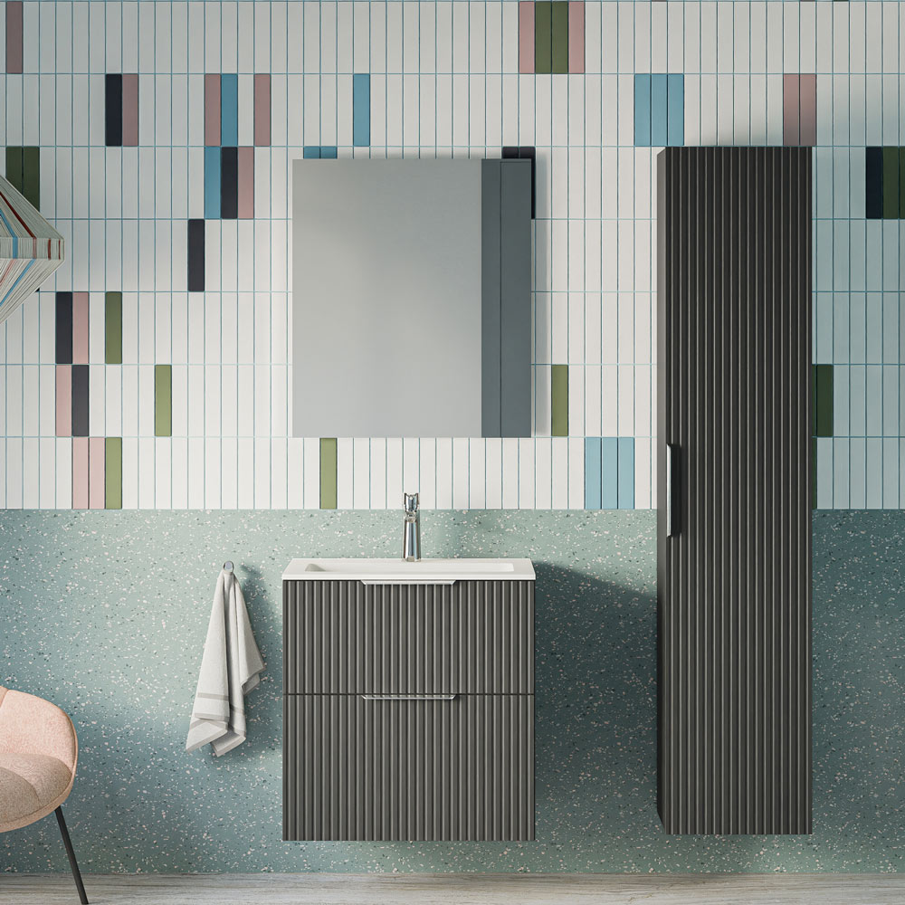 Badmöbel Set TIM 60 cm mit Waschbecken Anthrazit matt profiliert Eckig