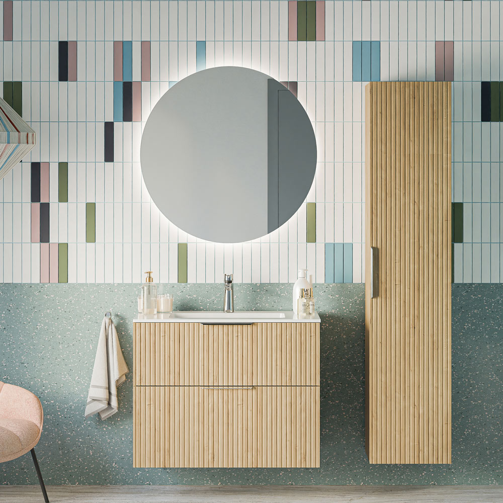 Badmöbel Set TIM 80 cm mit Keramikbecken Eiche Nebelgrau profiliert Rund