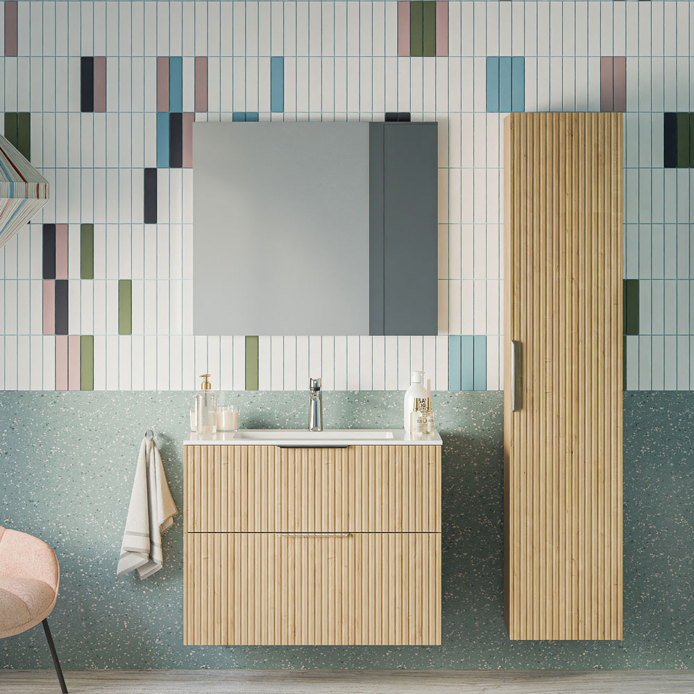 Badmöbel Set TIM 80 cm mit Keramikbecken Eiche Nebelgrau profiliert Eckig