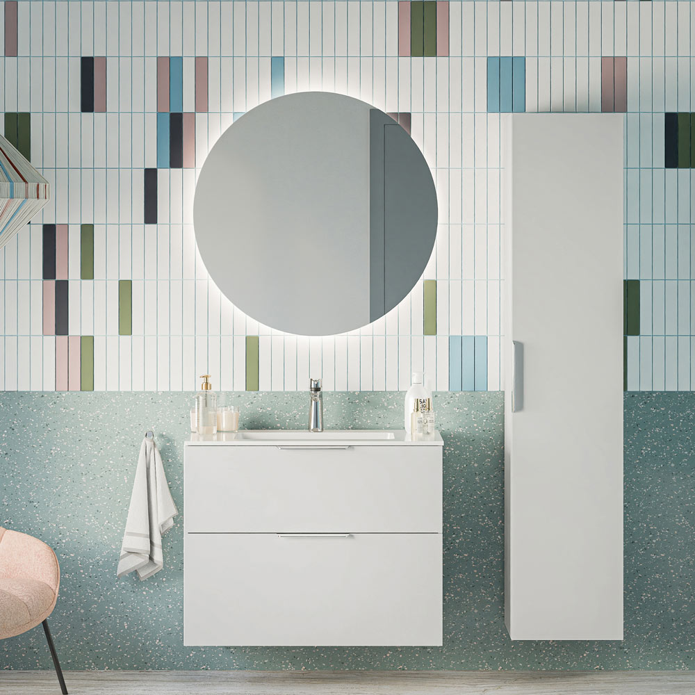 Badmöbel Set TIM 80 cm mit Keramikbecken Weiß glänzend Rund