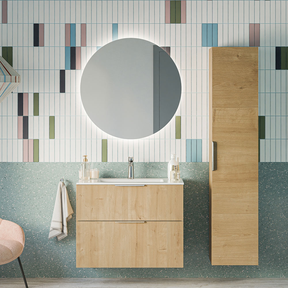 Badmöbel Set TIM 80 cm mit Keramikbecken Eiche nebelgrau Rund