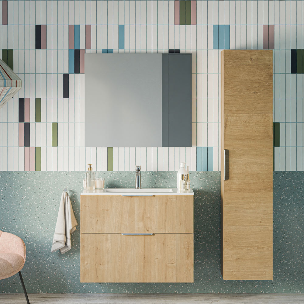 Badmöbel Set TIM 80 cm mit Keramikbecken Eiche nebelgrau Eckig