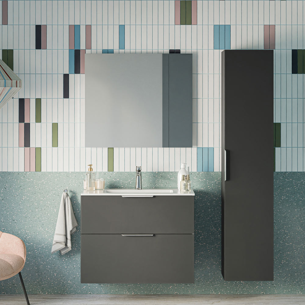 Badmöbel Set TIM 80 cm mit Keramikbecken Anthrazit matt Chrom Eckig