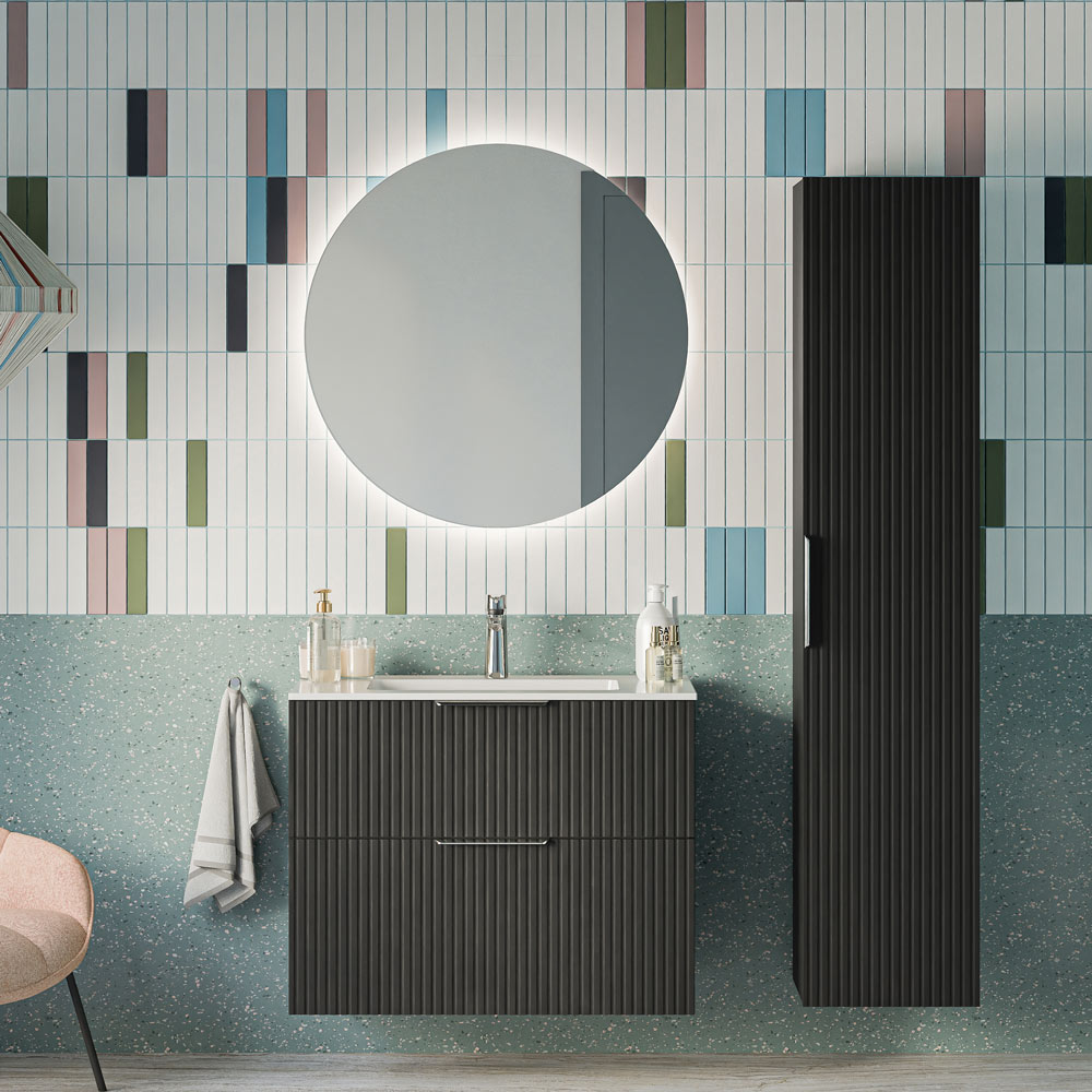 Badmöbel Set TIM 80 cm mit Keramikbecken Schwarz matt profiliert Rund