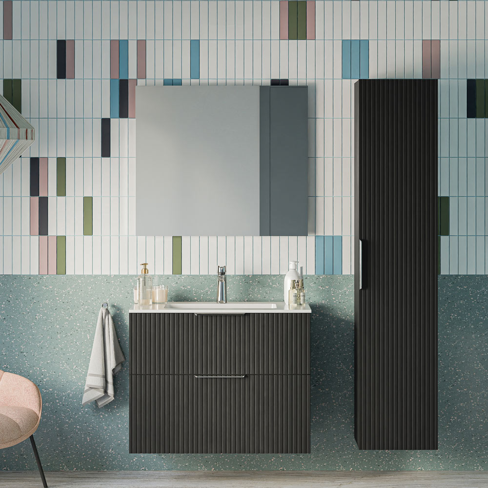 Badmöbel Set TIM 80 cm mit Keramikbecken Schwarz matt profiliert Eckig