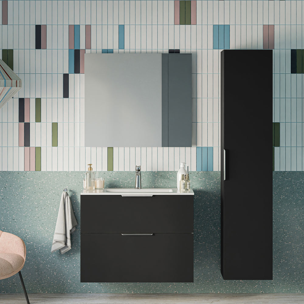 Badmöbel Set TIM 80 cm mit Keramikbecken Schwarz matt Eckig