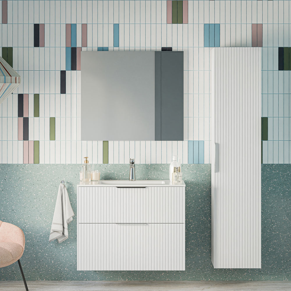 Badmöbel Set TIM 80 cm mit Keramikbecken Weiß matt profiliert Eckig