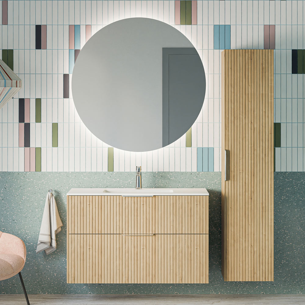 Badmöbel Set TIM 100 cm mit Waschbecken Eiche Nebelgrau profiliert Rund