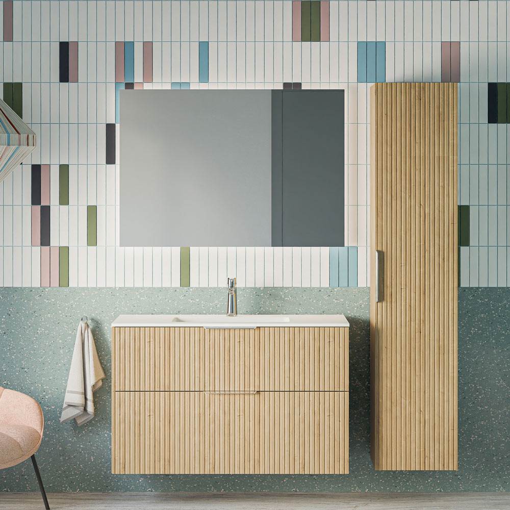 Badmöbel Set TIM 100 cm mit Waschbecken Eiche Nebelgrau profiliert Eckig