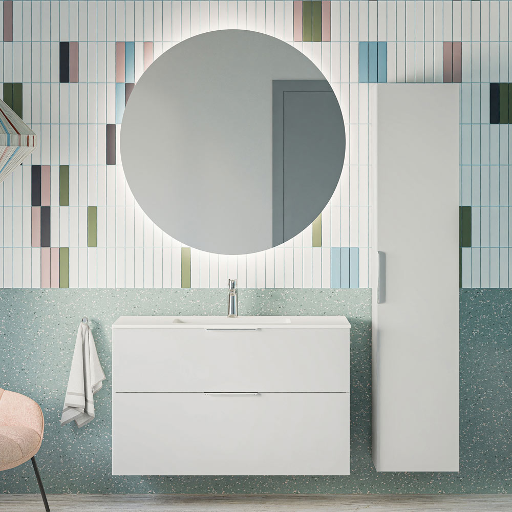 Badmöbel Set TIM 100 cm mit Waschbecken Weiß glänzend Rund