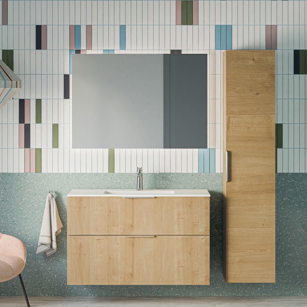 Badmöbel Set TIM 100 cm mit Waschbecken Eiche nebelgrau Eckig