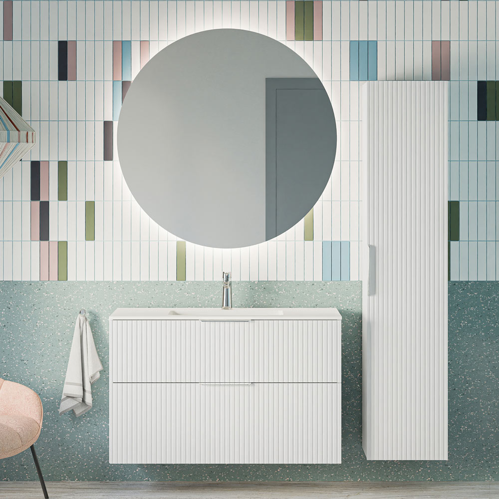 Badmöbel Set TIM 100 cm mit Waschbecken Weiß matt profiliert Rund