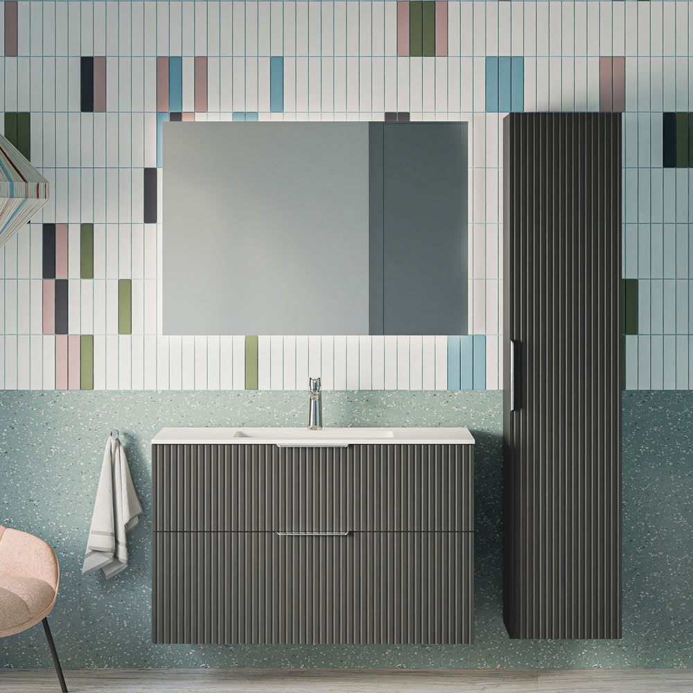 Badmöbel Set TIM 100 cm mit Waschbecken Anthrazit matt profiliert Eckig