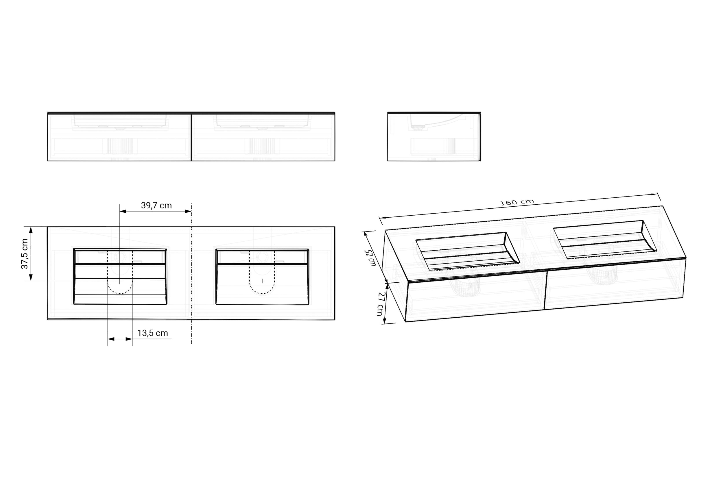 Meuble sous-vasque ARCTIC 1600 blanc Softtouch avec double vasque