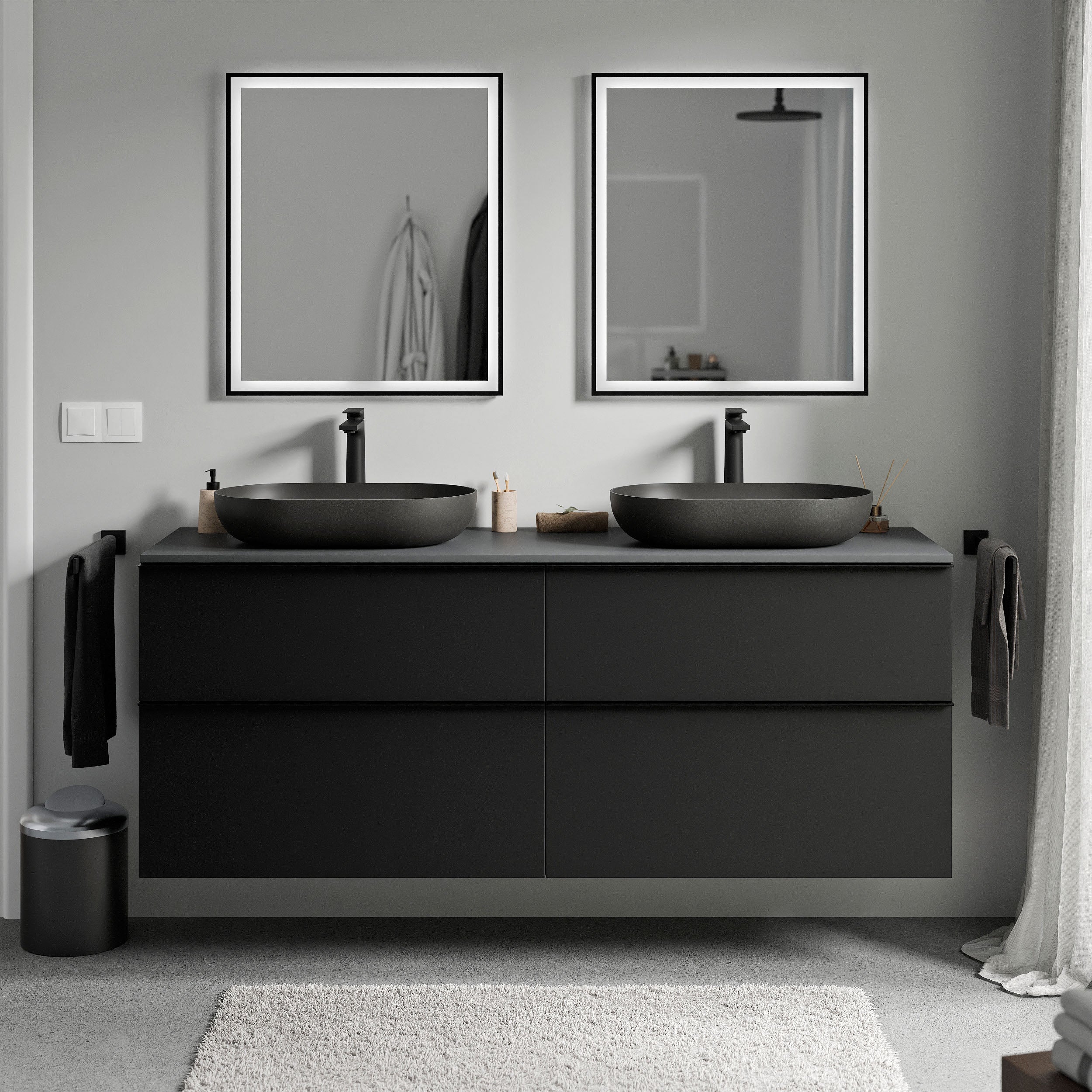 Badmöbel Unterschrank LAVOA 160 cm Schwarz matt Anthrazit matt