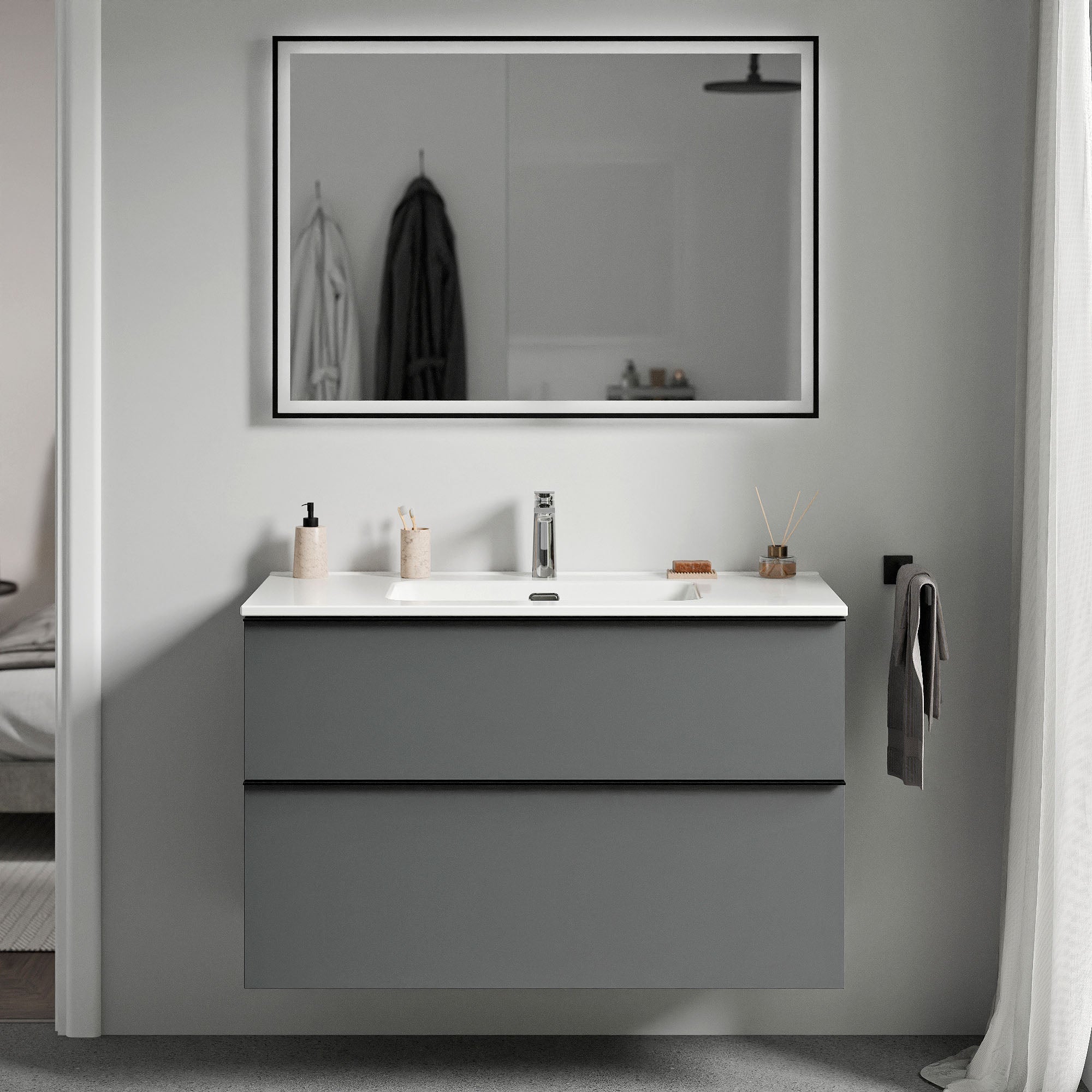 Waschtischunterschrank LAVOA 80 cm Weiß glänzend Anthrazit matt