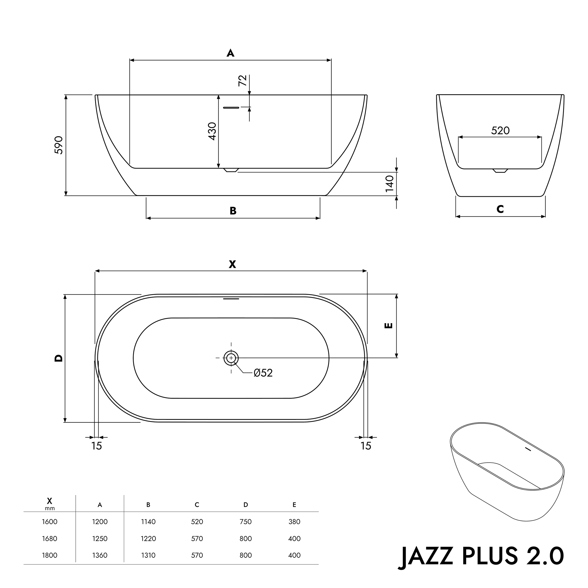 Freistehende Badewanne JAZZ PLUS 2.0 Acryl