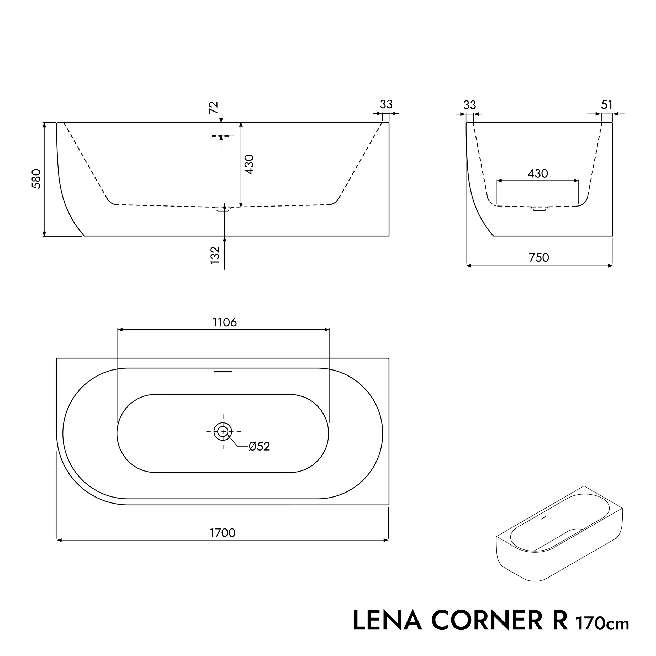 Halb freistehende Badewanne LENA CORNER