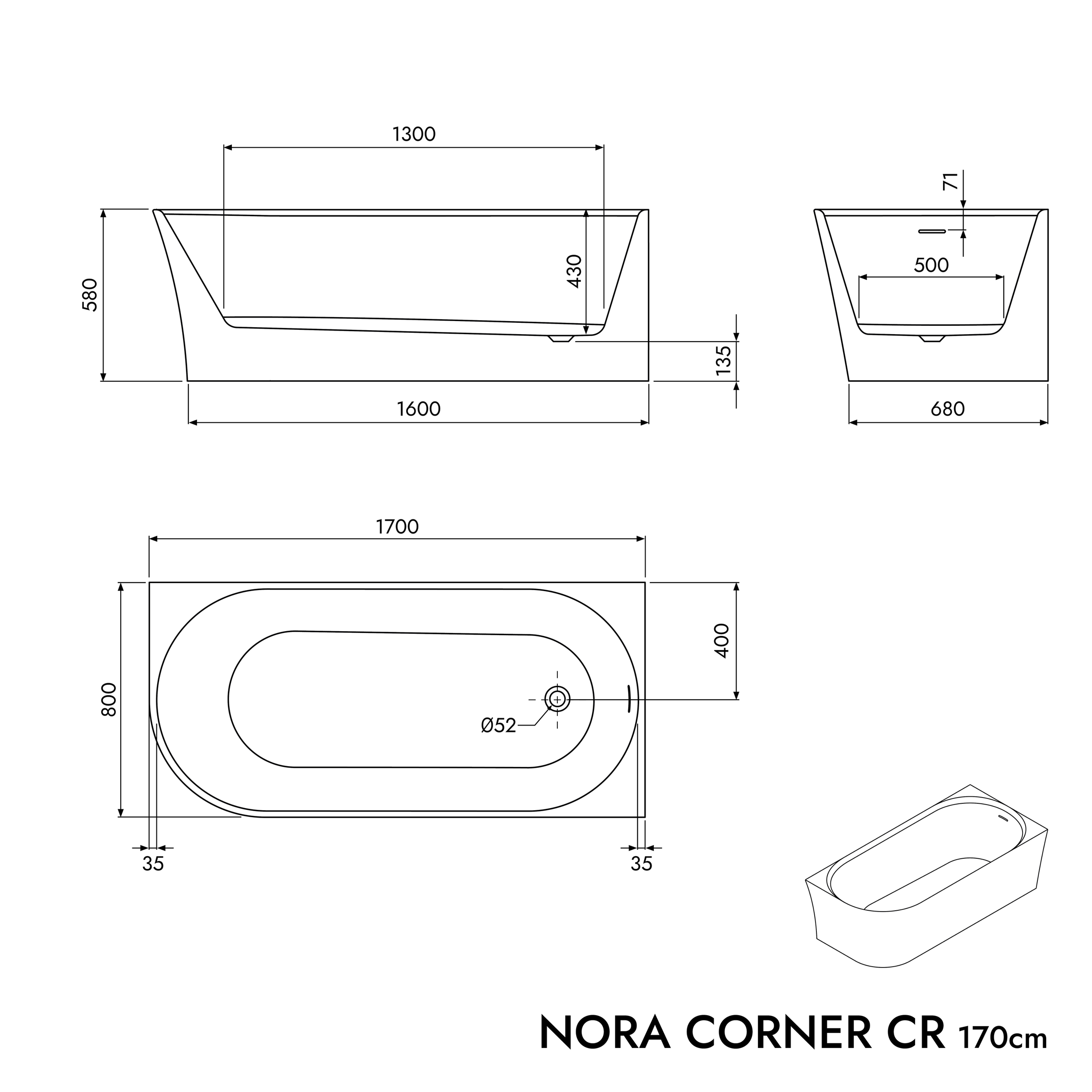 Halb freistehende Raumsparbadewanne NORA CORNER Acryl Weiß matt