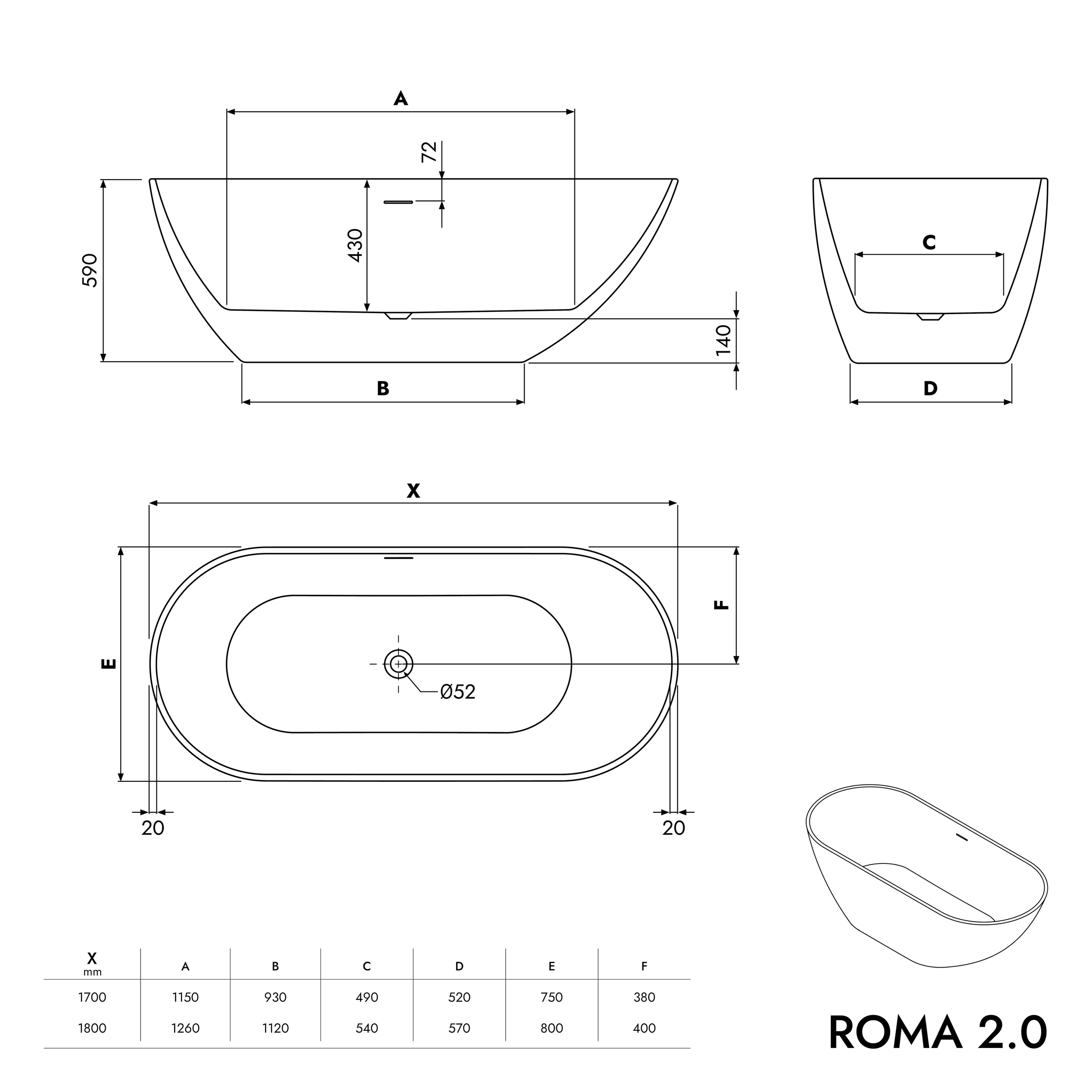 Freestanding ROMA 2.0 acrilico bianco opaco - 180 x 80 x 58 cm