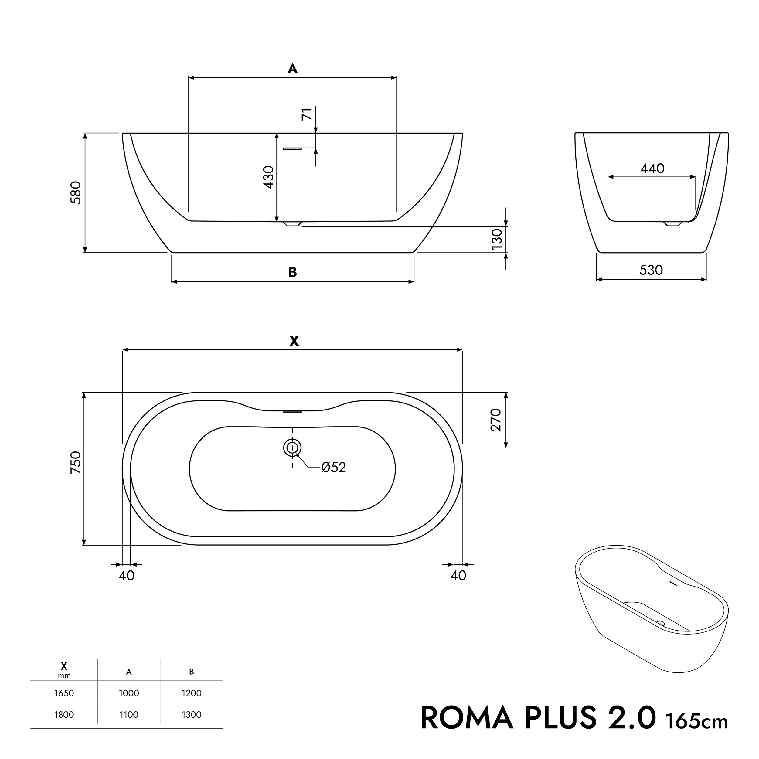 Freistehende Badewanne ROMA PLUS 2.0 Acryl