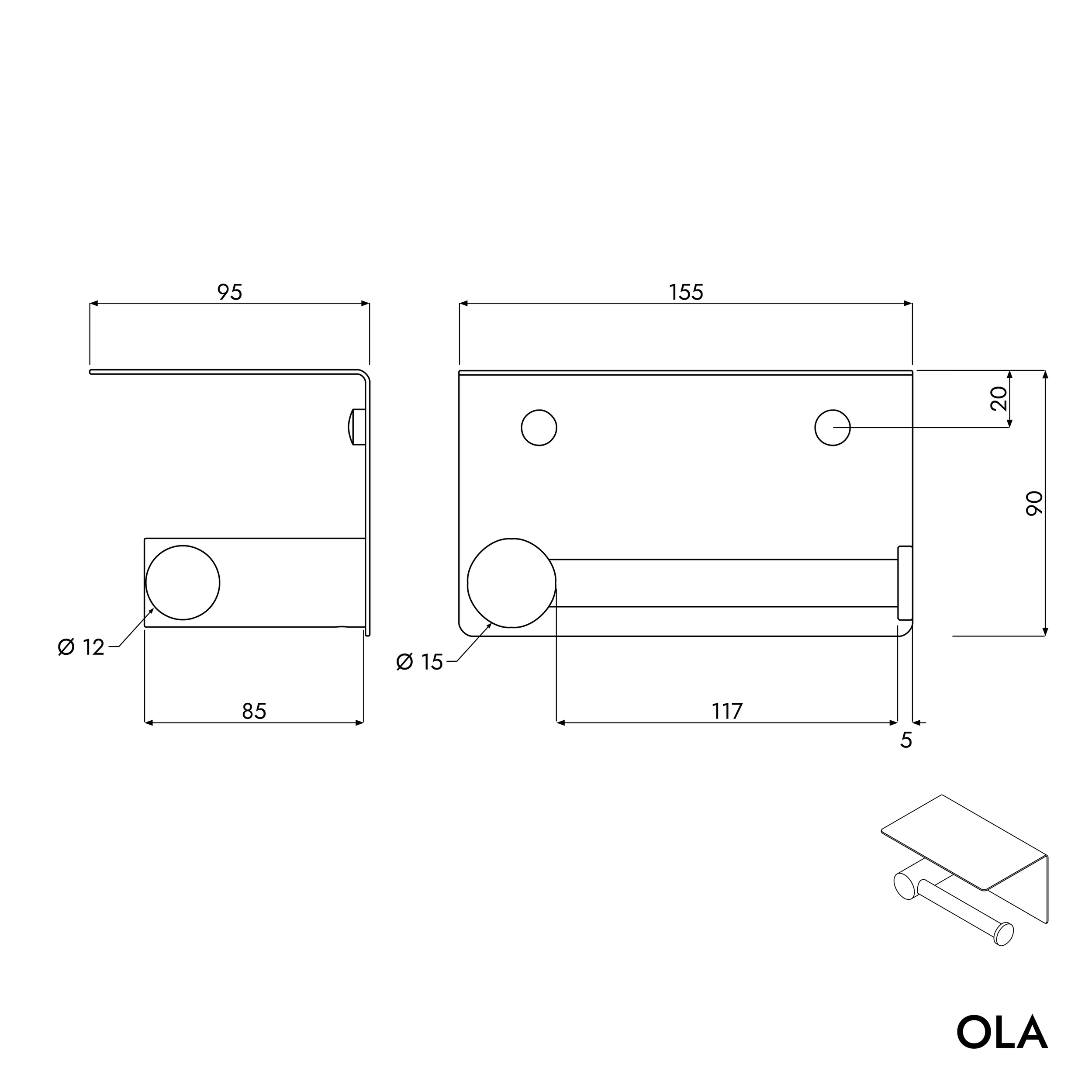 OLA Distributeur de papier toilette avec tablette ronde, couleur au choix