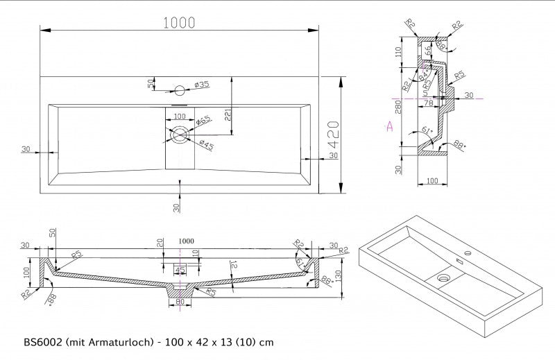 Wandwaschbecken Aufsatzwaschbecken BS6002 aus Gussmarmor