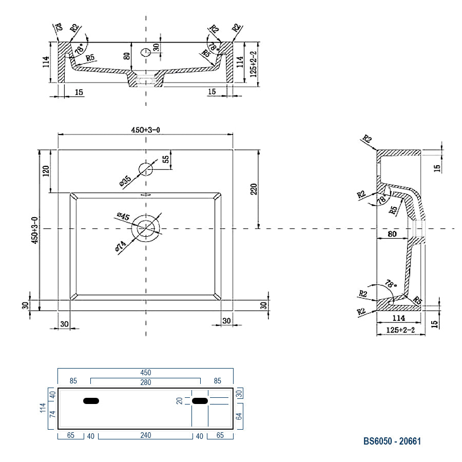 Lavabo à poser ou à suspendre BS6050 - 45 x 45 x 12,5cm 