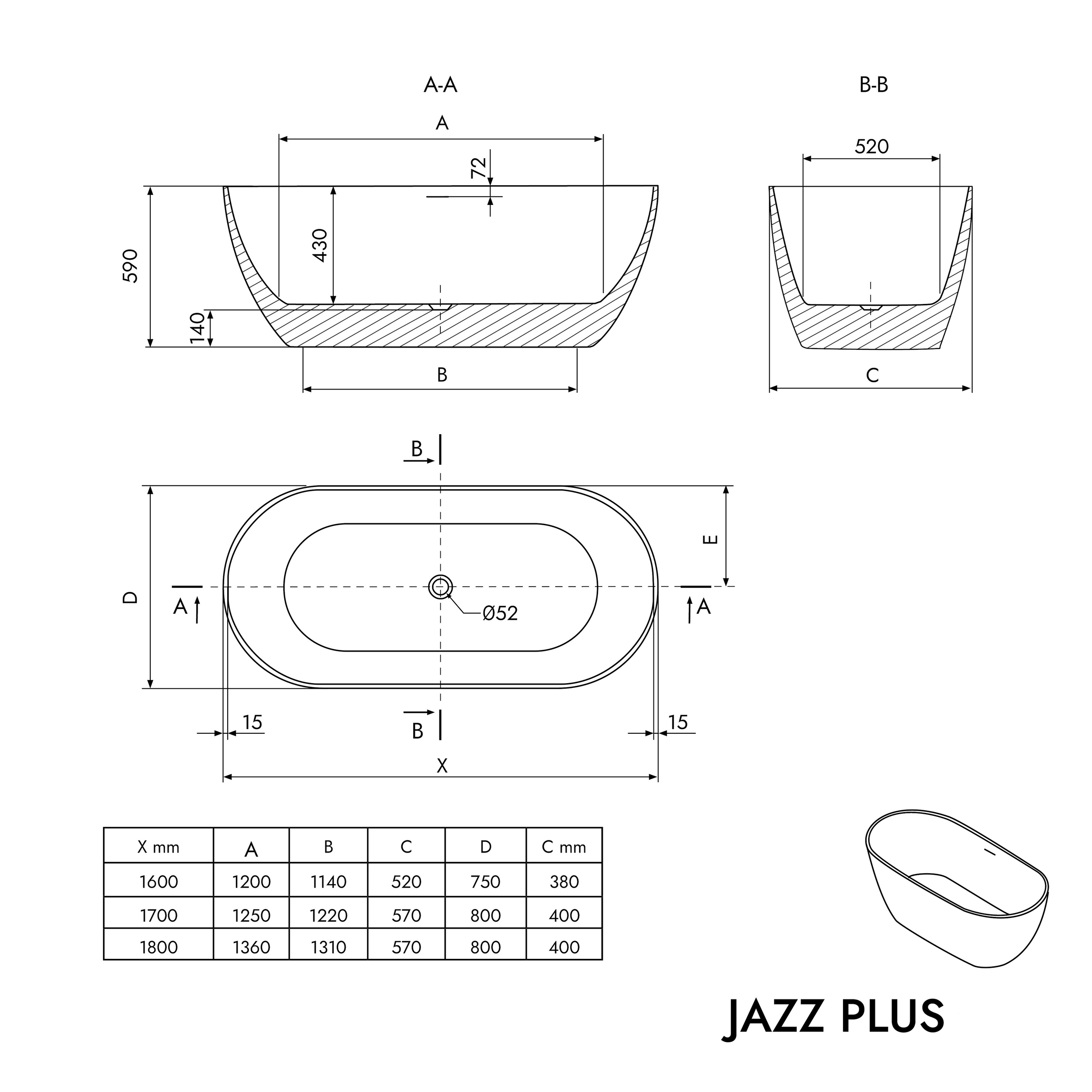 Freistehende Badewanne JAZZ PLUS 2.0