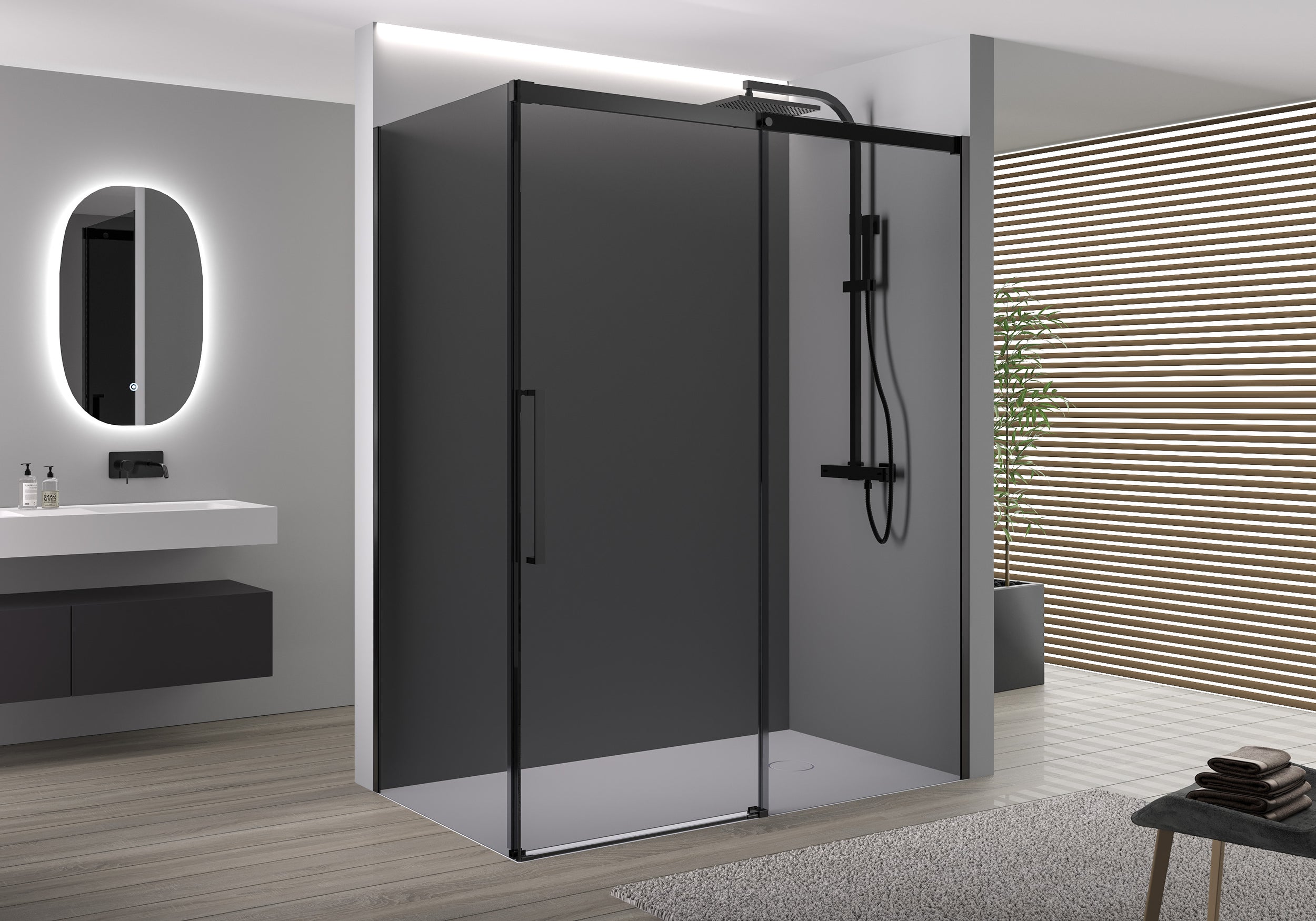 Paroi de douche d'angle et porte coulissante DX906 FLEX  noir mat - verre gris de 8 mm avec revêtement Nano - largeur sélectionnable