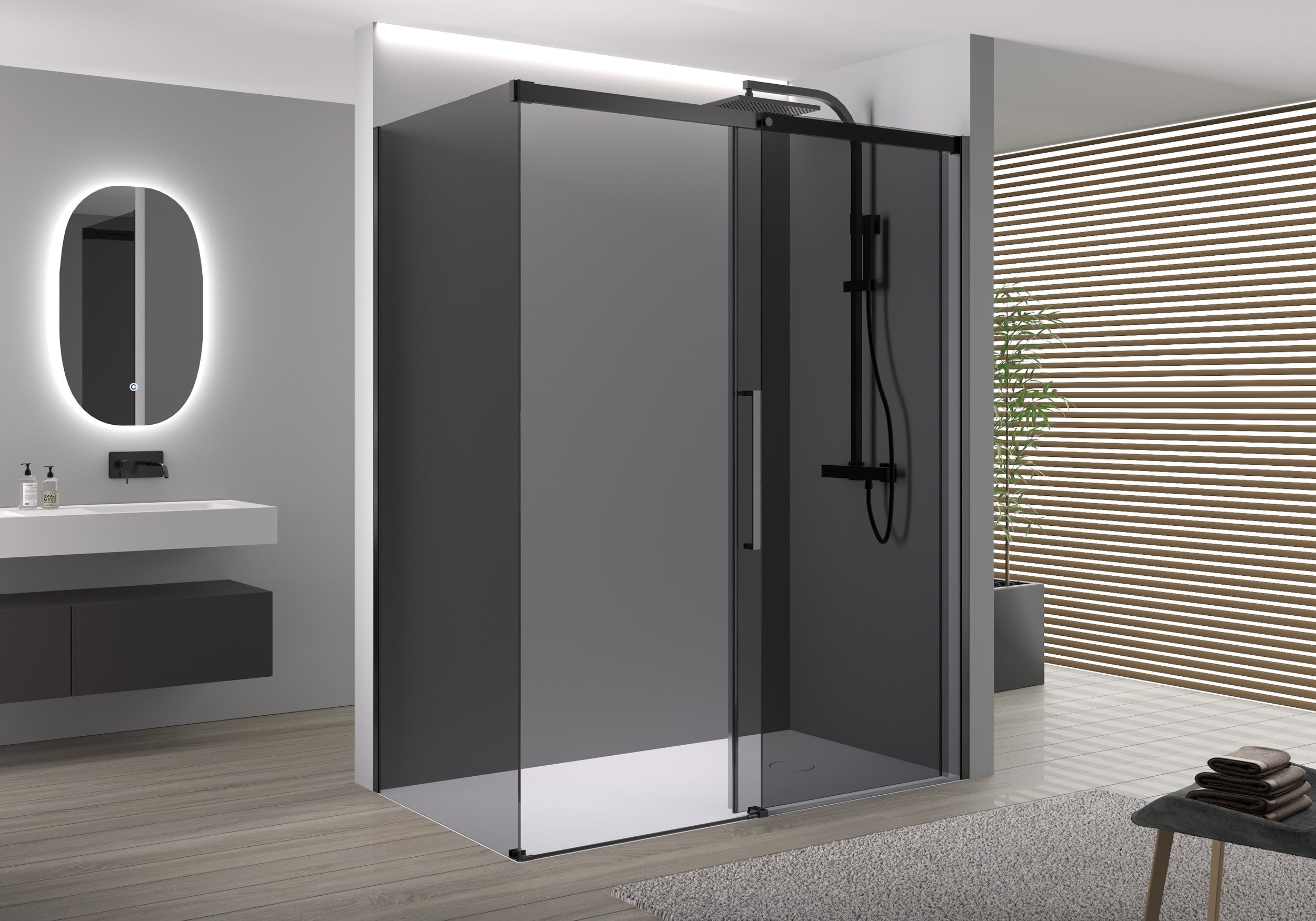 Paroi de douche d'angle et porte coulissante DX906 FLEX  noir mat - verre gris de 8 mm avec revêtement Nano - largeur sélectionnable