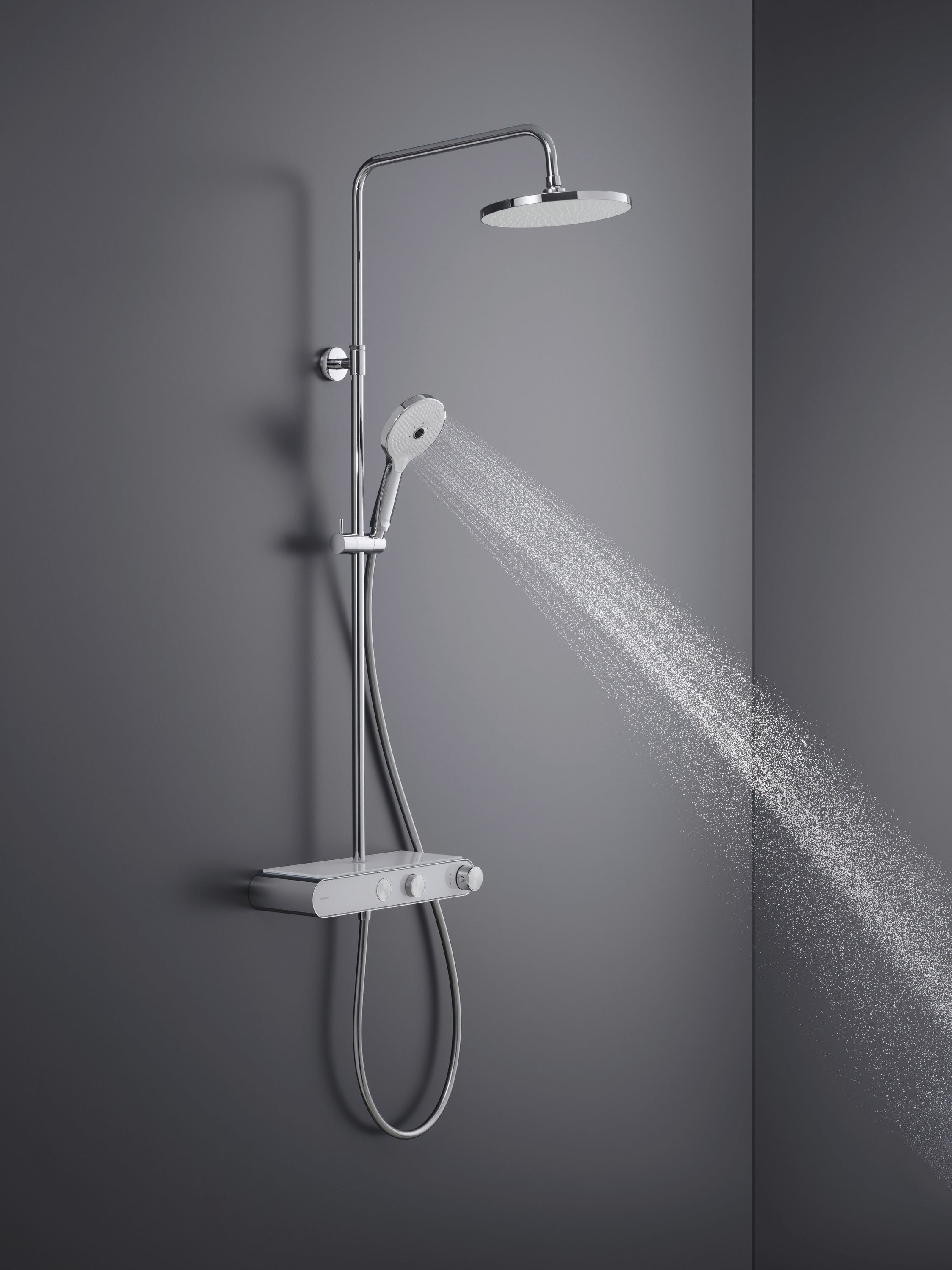 Sistema doccia Duravit con termostato e ripiano in vetro