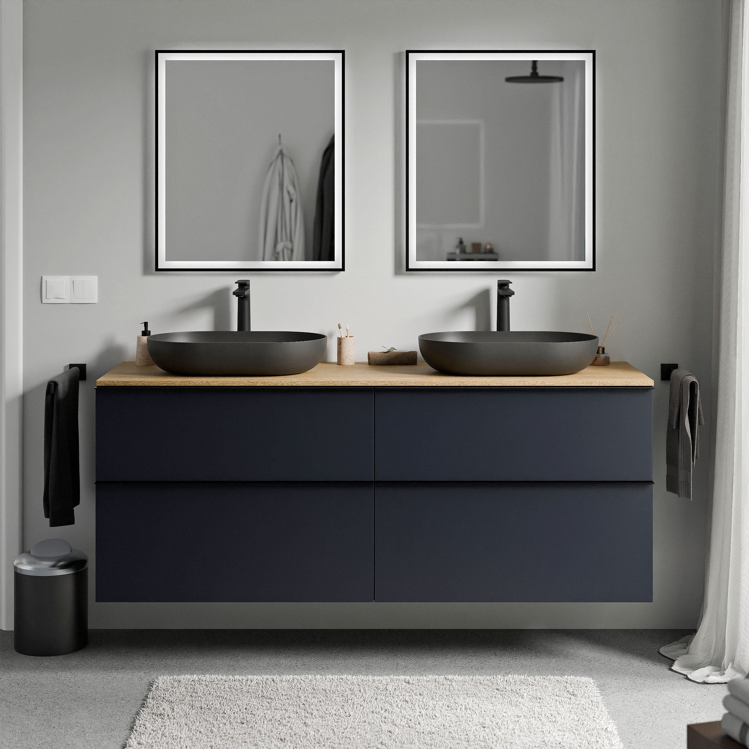 Badmöbel Unterschrank LAVOA 160 cm Mitternachtsblau matt Eiche honiggold