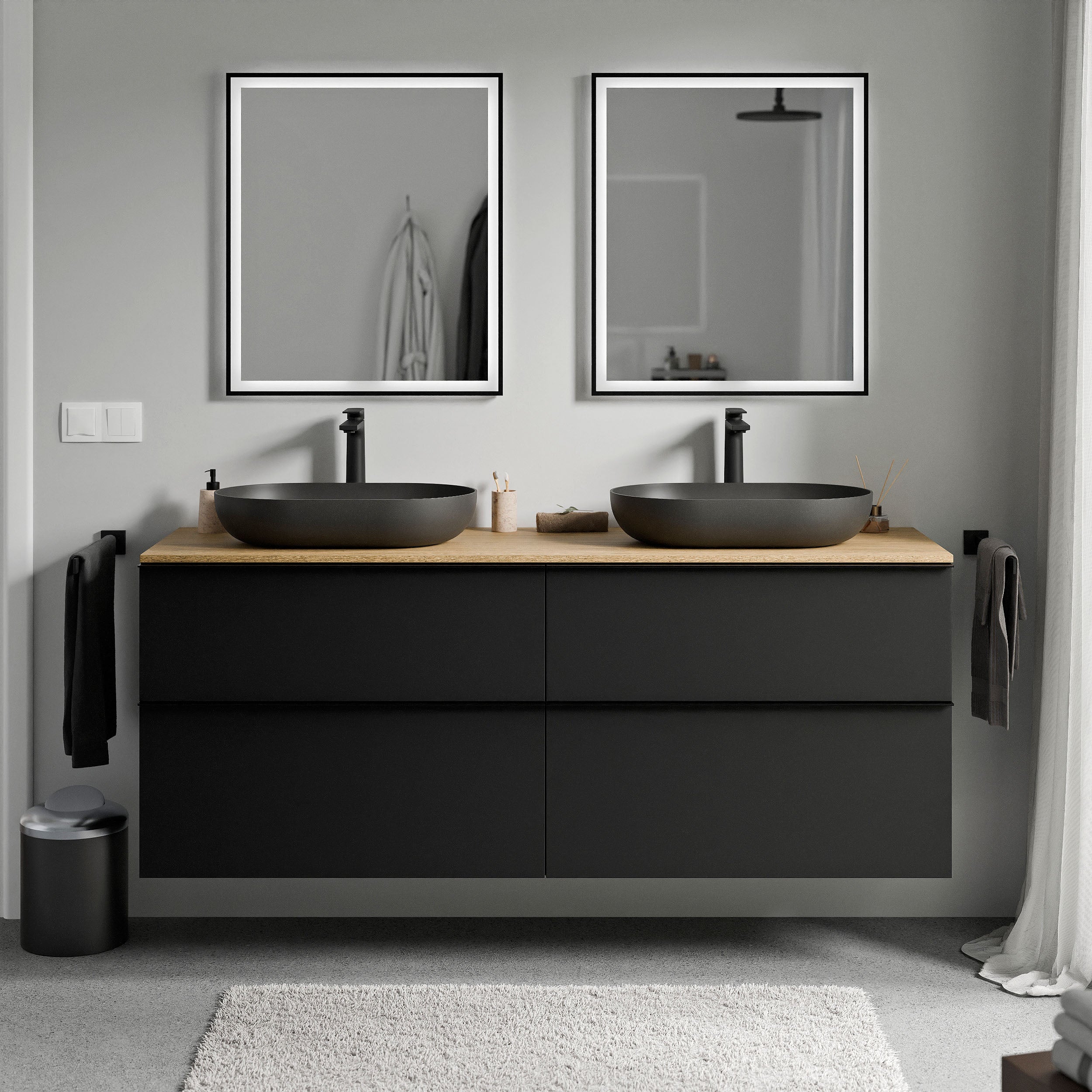 Badmöbel Unterschrank LAVOA 160 cm Schwarz matt Eiche honiggold