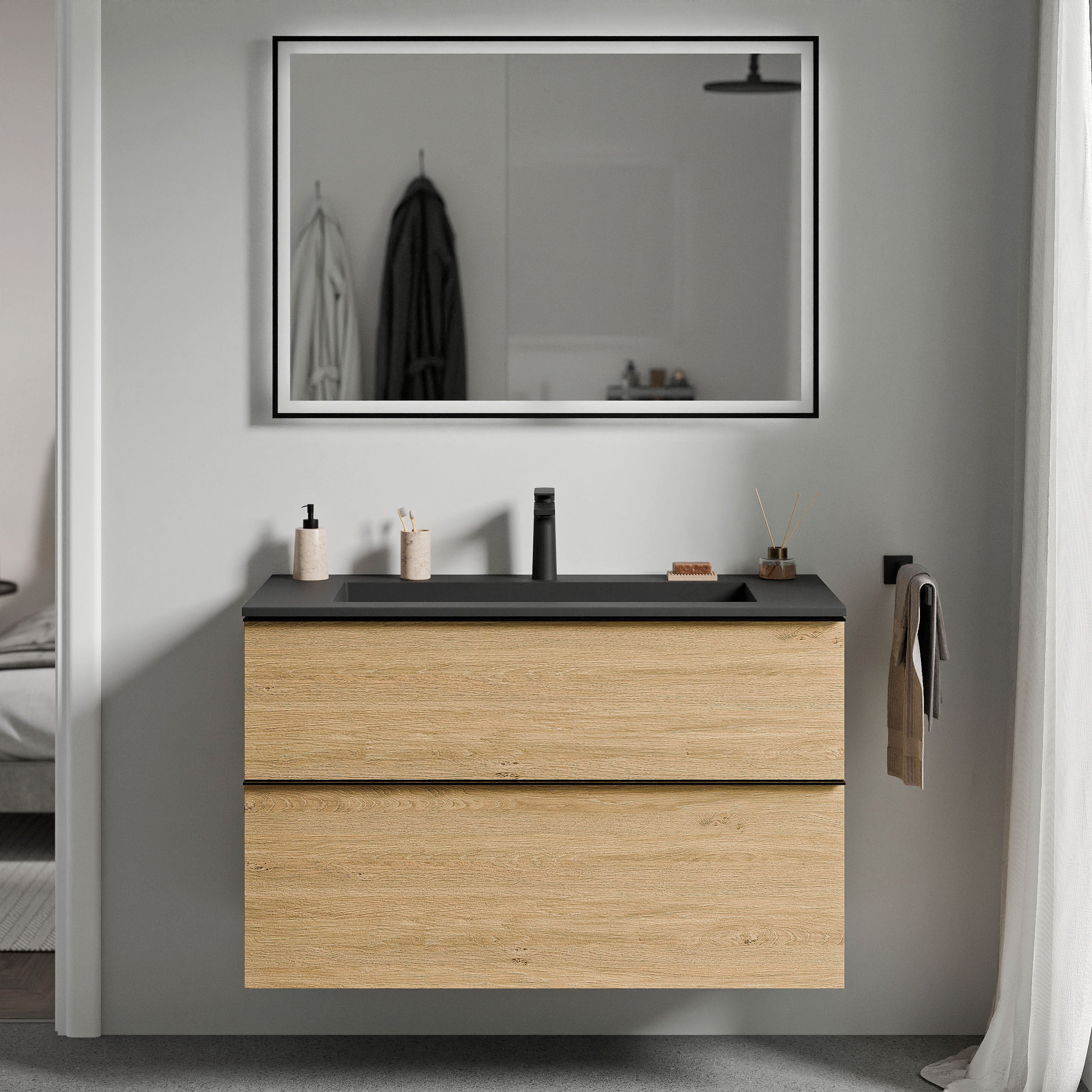 Unterschrank LAVOA 80 cm Eiche Honiggold Schwarz matt mit Hahnloch