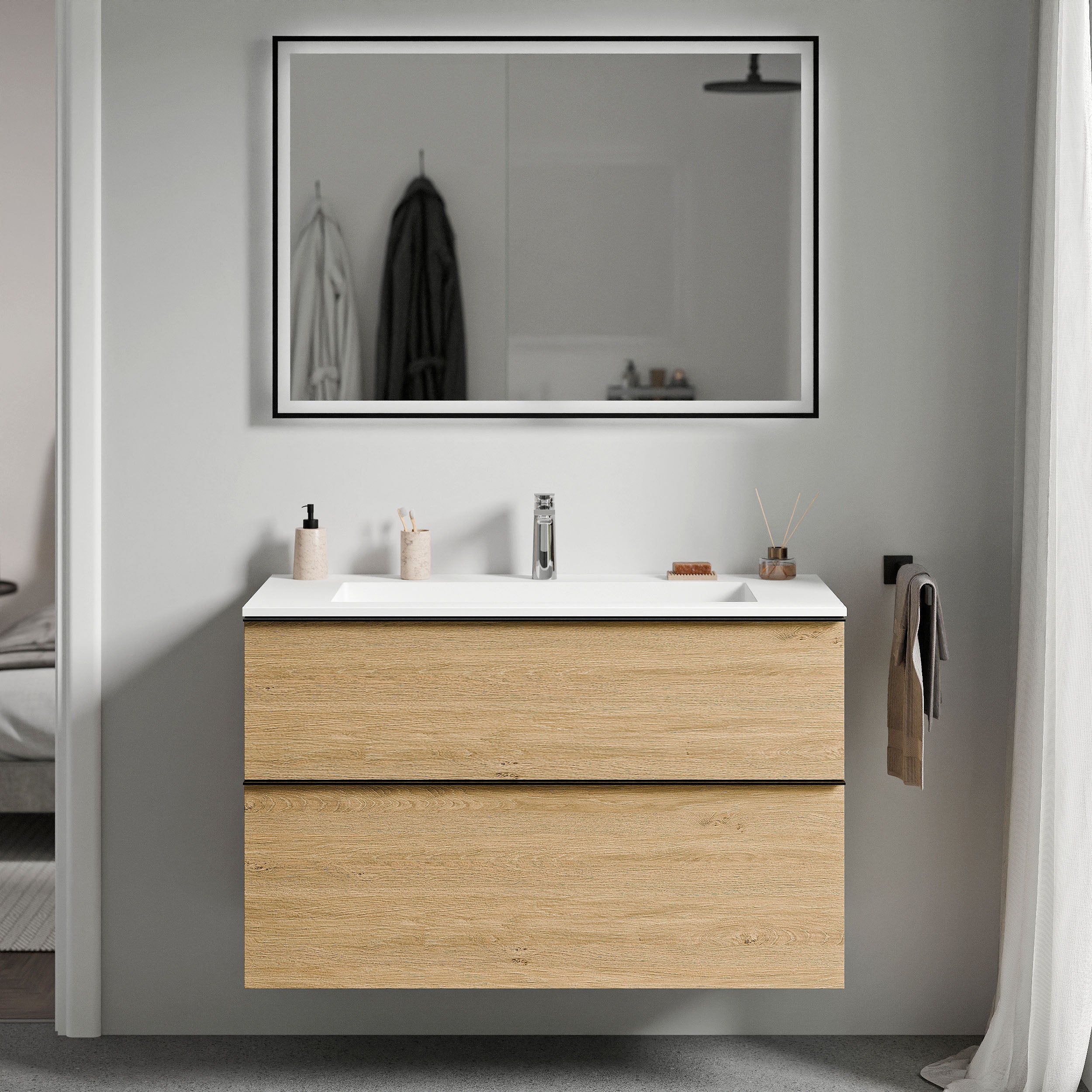 Unterschrank LAVOA 80 cm Eiche Honiggold Weiß matt mit Hahnloch