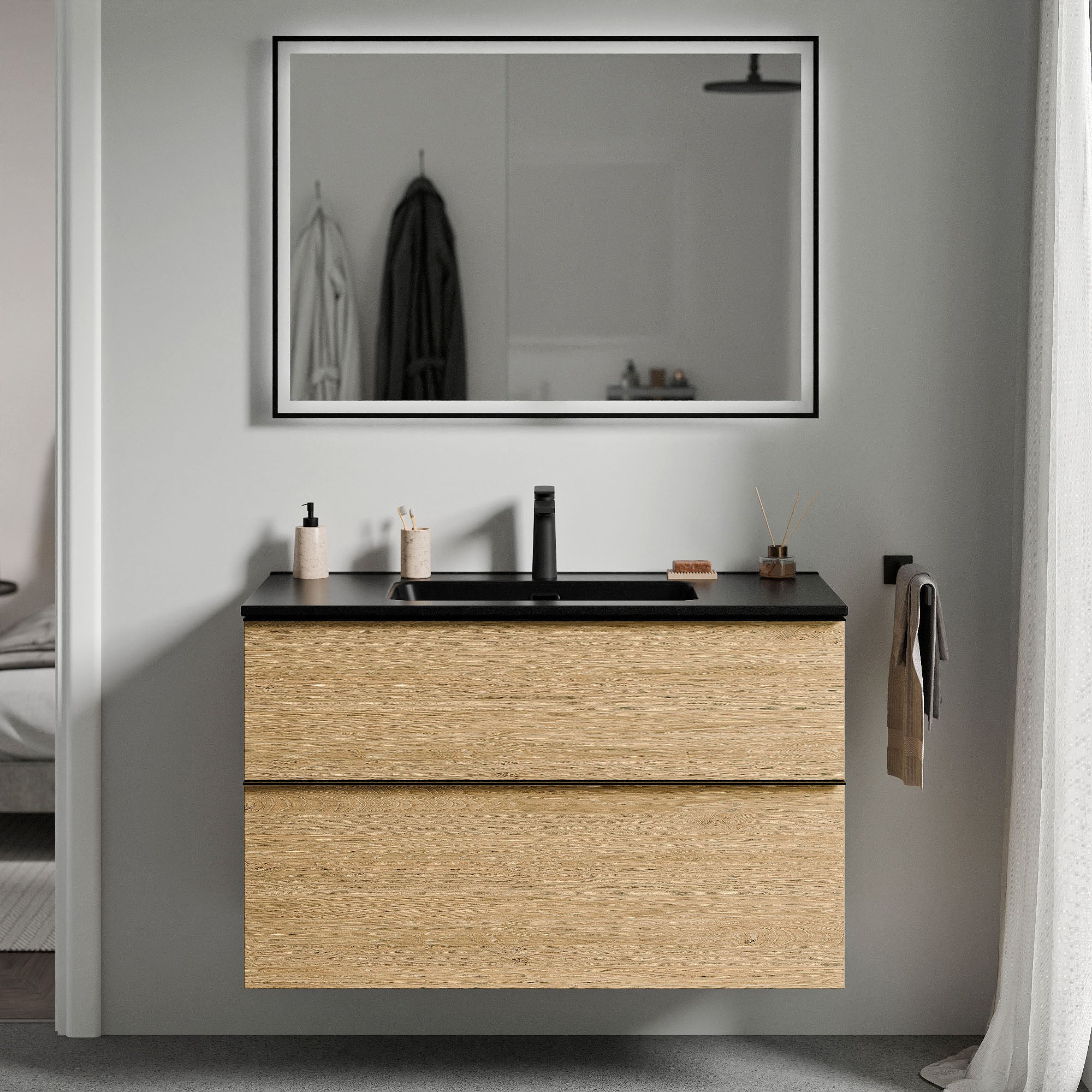 Waschtischunterschrank LAVOA 80 cm Schwarz matt Eiche Honiggold