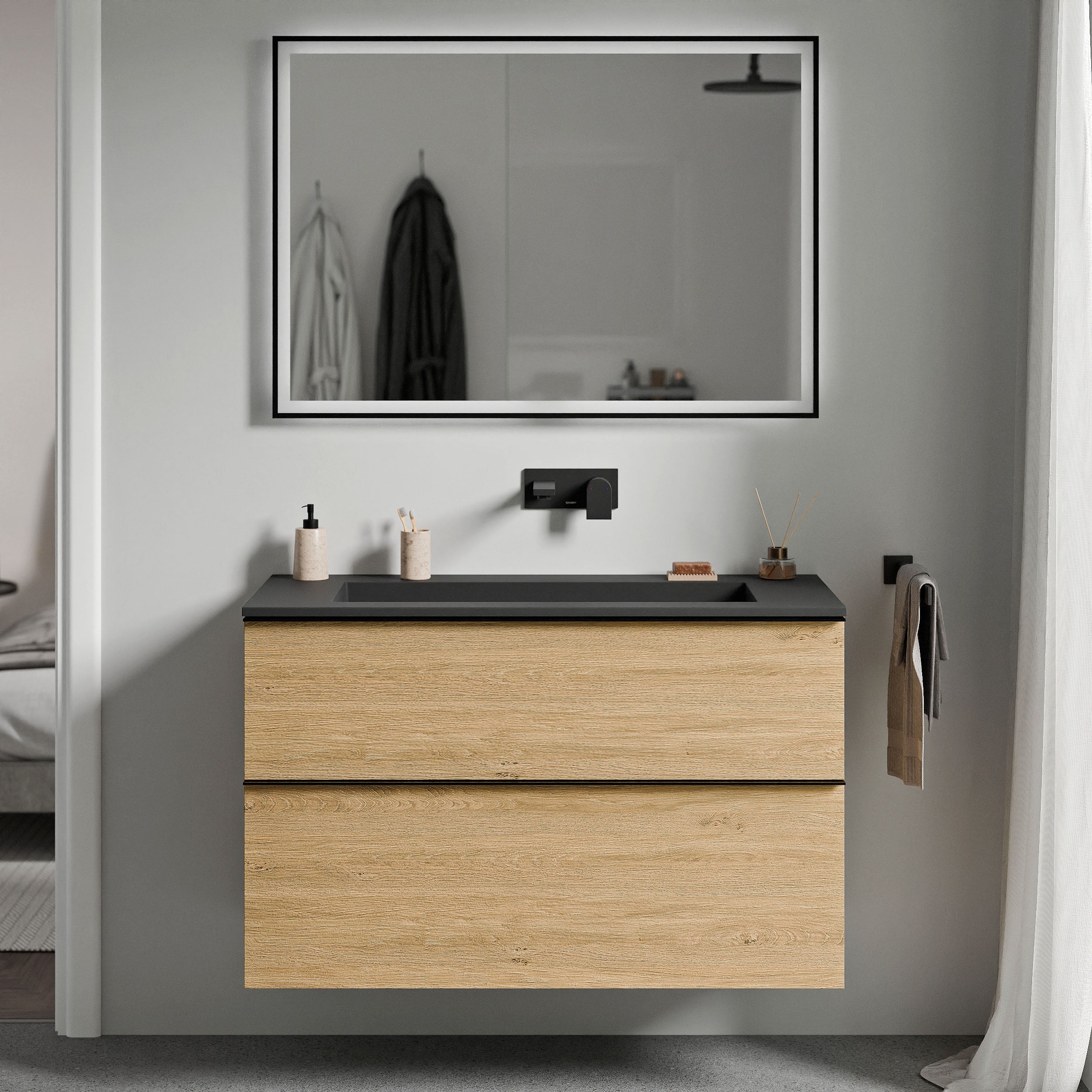 Unterschrank LAVOA 80 cm Eiche Honiggold Schwarz matt ohne Hahnloch